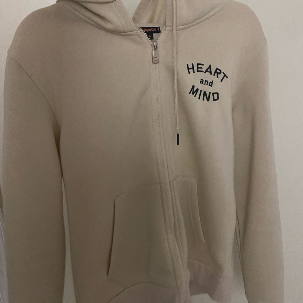 Cream Zip-Up Hoodie with Heart and Mind Print